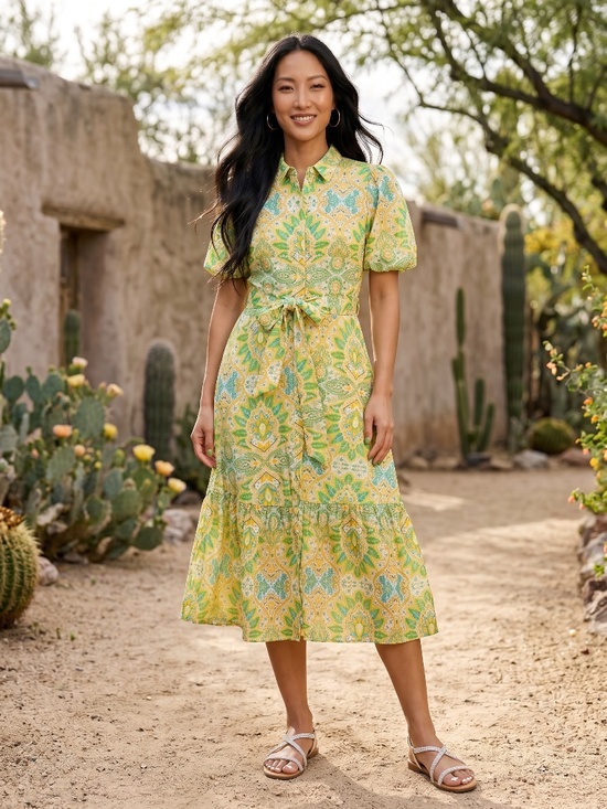 Flying Tomato Dresses & Skirts - Flying Tomato Green Paisley Medallion Midi Shirt Dress | Tie Waist Puff Sleeve